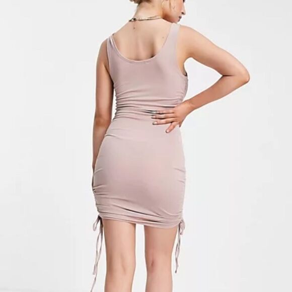 ASOS Threadbare Petite Ruched Tie Side Mini‎ Dress In Taupe 6 NWT in packaging - Picture 4 of 7